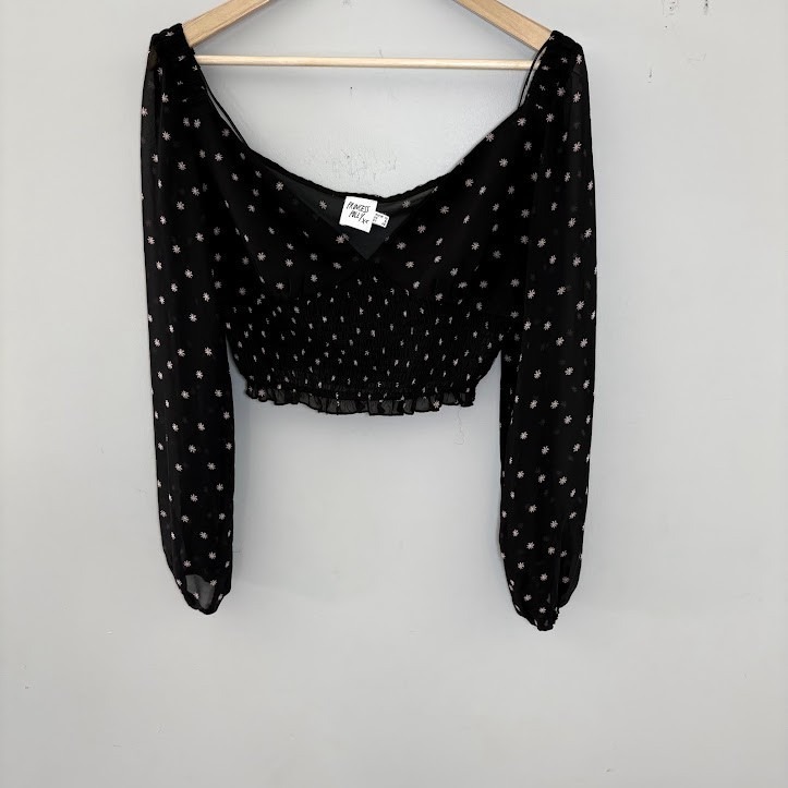 Princess Polly Camina Floral Long Sleeve Crop Top In Black & White Boho Size 8